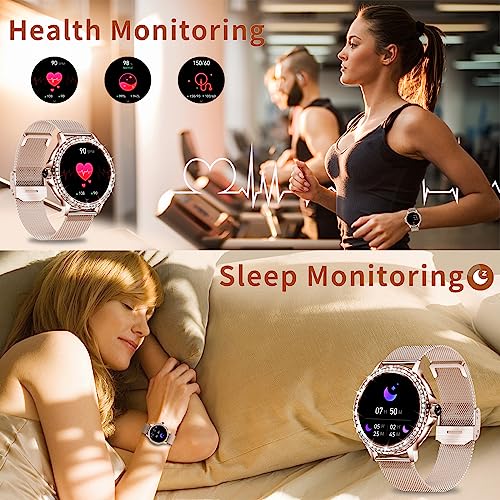 Smart Watches for Women (Answer/Make Call) with Diamonds, 1.3”HD Screen Bluetooth Smartwatch for Android iOS Phones, IP68 Waterproof Fitness Activity Trackers with Heart Rate/SpO2/BP/Sleep Monitor SaumyasStore