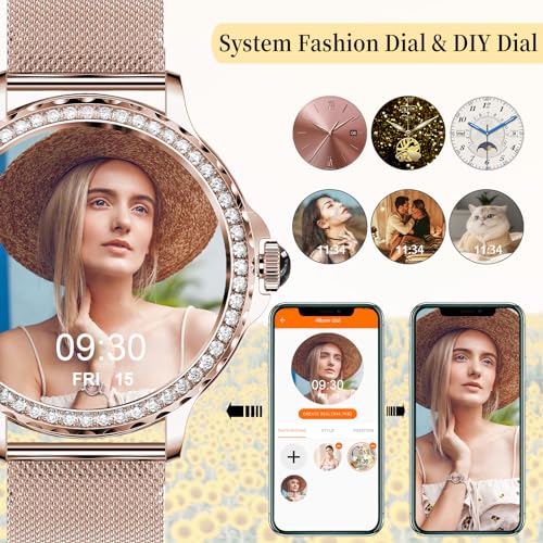 Smart Watches for Women (Answer/Make Call) with Diamonds, 1.3”HD Screen Bluetooth Smartwatch for Android iOS Phones, IP68 Waterproof Fitness Activity Trackers with Heart Rate/SpO2/BP/Sleep Monitor SaumyasStore