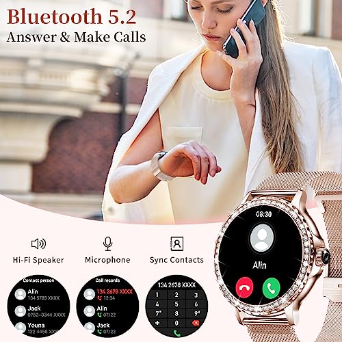 Smart Watches for Women (Answer/Make Call) with Diamonds, 1.3”HD Screen Bluetooth Smartwatch for Android iOS Phones, IP68 Waterproof Fitness Activity Trackers with Heart Rate/SpO2/BP/Sleep Monitor SaumyasStore