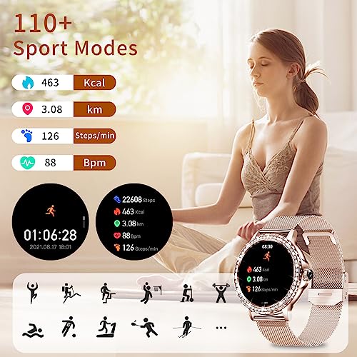 Smart Watches for Women (Answer/Make Call) with Diamonds, 1.3”HD Screen Bluetooth Smartwatch for Android iOS Phones, IP68 Waterproof Fitness Activity Trackers with Heart Rate/SpO2/BP/Sleep Monitor SaumyasStore