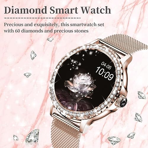 Smart Watches for Women (Answer/Make Call) with Diamonds, 1.3”HD Screen Bluetooth Smartwatch for Android iOS Phones, IP68 Waterproof Fitness Activity Trackers with Heart Rate/SpO2/BP/Sleep Monitor SaumyasStore