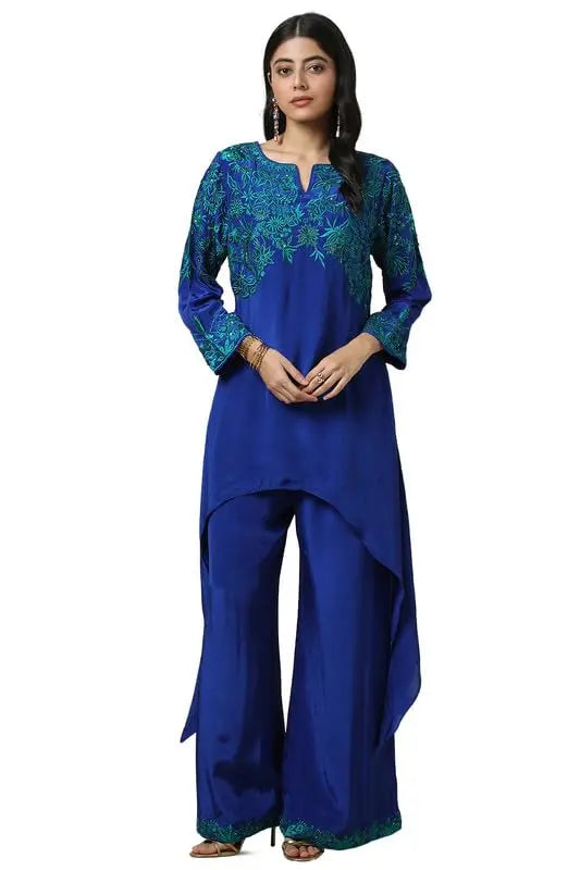 Soch Womens Blue Viscose Crepe Embroidered Co-Ord Set With Cutdana SaumyasStore