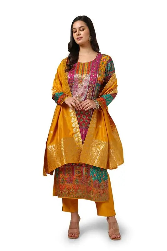 Soch Womens Mustard Brocade Ethnic Motifs Suit Set With Faux Mirror And Sequins SaumyasStore