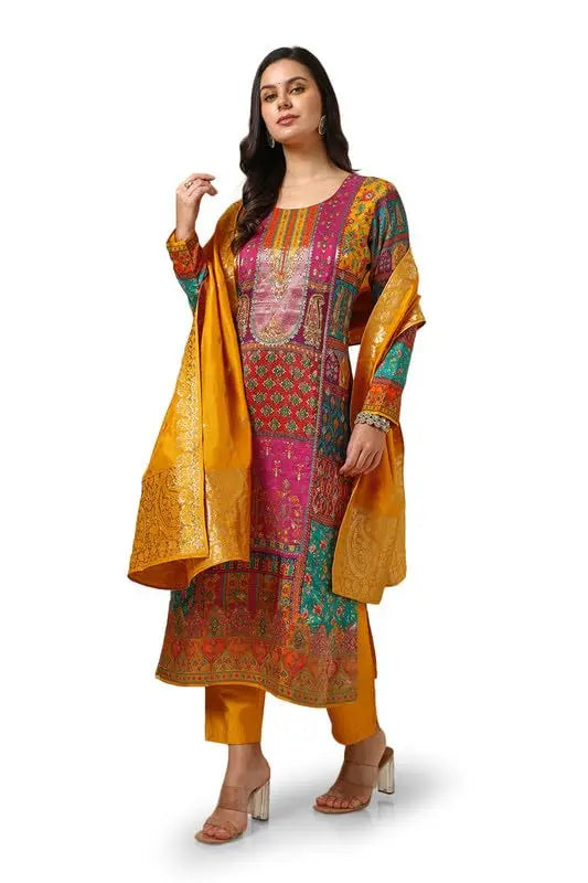 Soch Womens Mustard Brocade Ethnic Motifs Suit Set With Faux Mirror And Sequins SaumyasStore