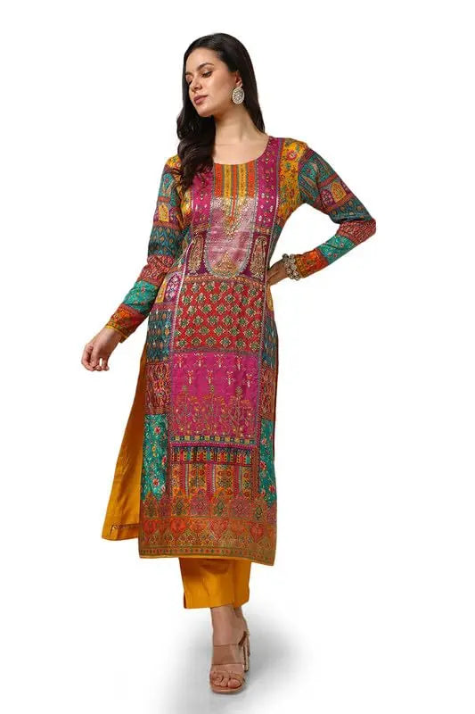 Soch Womens Mustard Brocade Ethnic Motifs Suit Set With Faux Mirror And Sequins SaumyasStore