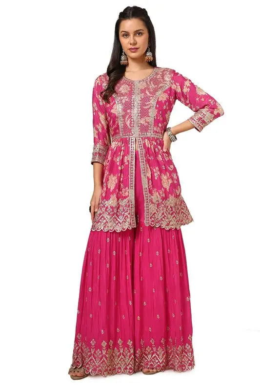 Soch Womens Pink Chinon Blend Embroidered Suit Set With Sequence Work SaumyasStore