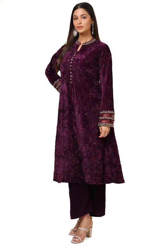 Soch Womens Wine Velvet Embroidered Suit Set With Beads And Stones SaumyasStore