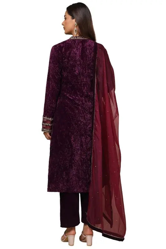 Soch Womens Wine Velvet Embroidered Suit Set With Beads And Stones SaumyasStore