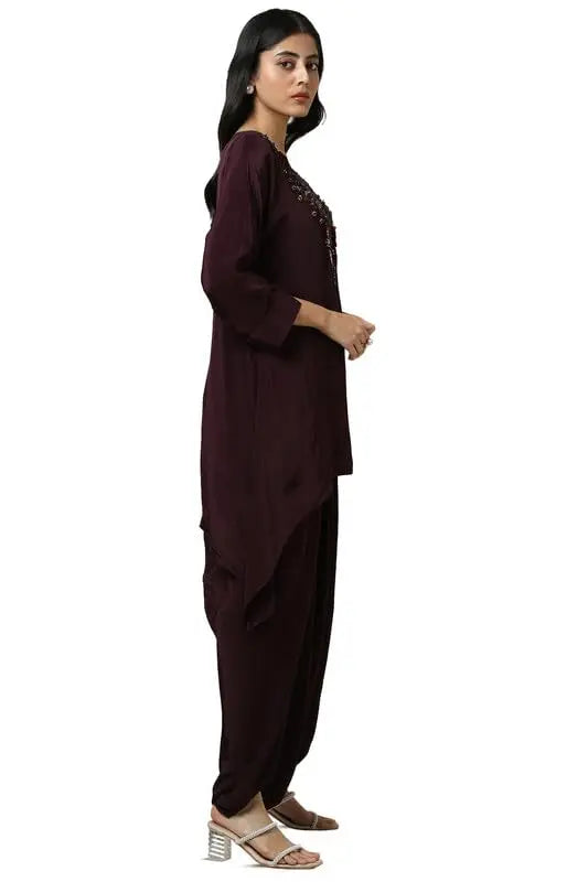 Soch Womens Wine Viscose Crepe Embellished Kaftan Suit With Cutdana SaumyasStore