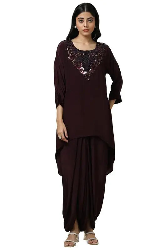 Soch Womens Wine Viscose Crepe Embellished Kaftan Suit With Cutdana SaumyasStore