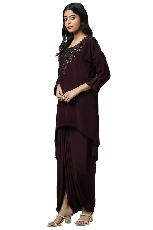 Soch Womens Wine Viscose Crepe Embellished Kaftan Suit With Cutdana SaumyasStore