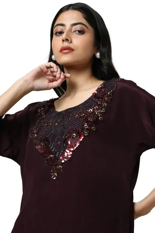Soch Womens Wine Viscose Crepe Embellished Kaftan Suit With Cutdana SaumyasStore