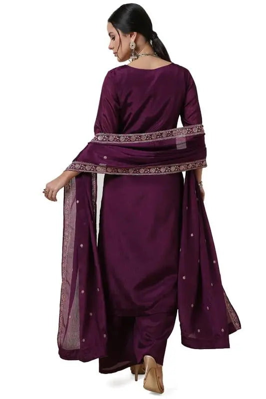 Soch Womens Wine Yoke Embroidered Chinon Blend Suit Set with Sequins SaumyasStore