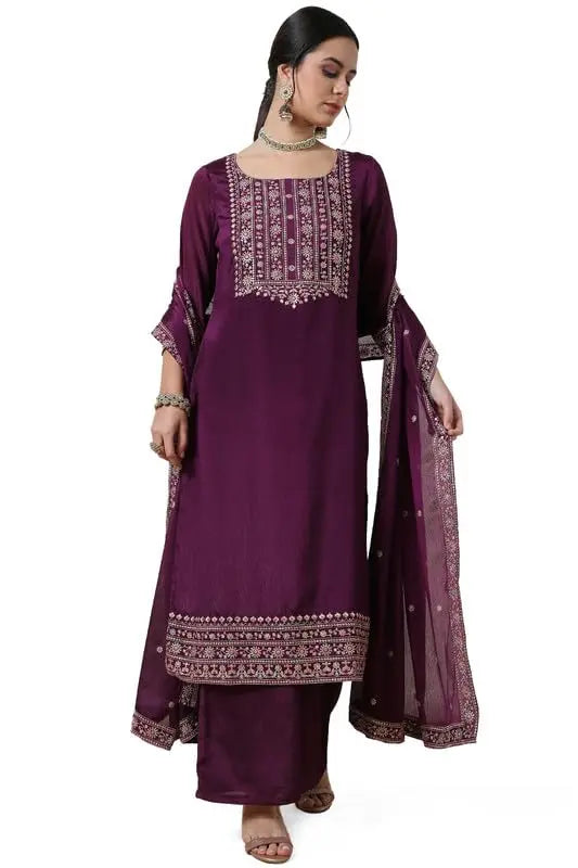 Soch Womens Wine Yoke Embroidered Chinon Blend Suit Set with Sequins SaumyasStore