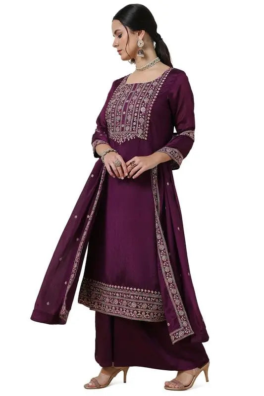 Soch Womens Wine Yoke Embroidered Chinon Blend Suit Set with Sequins SaumyasStore
