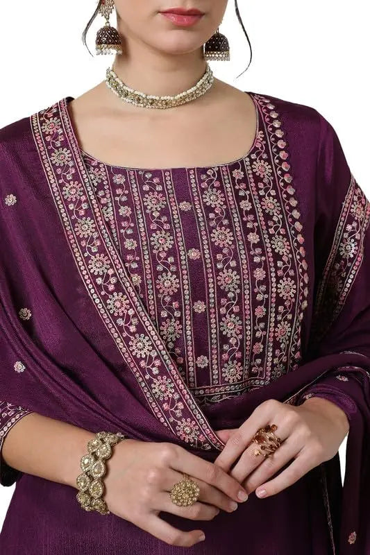 Soch Womens Wine Yoke Embroidered Chinon Blend Suit Set with Sequins SaumyasStore