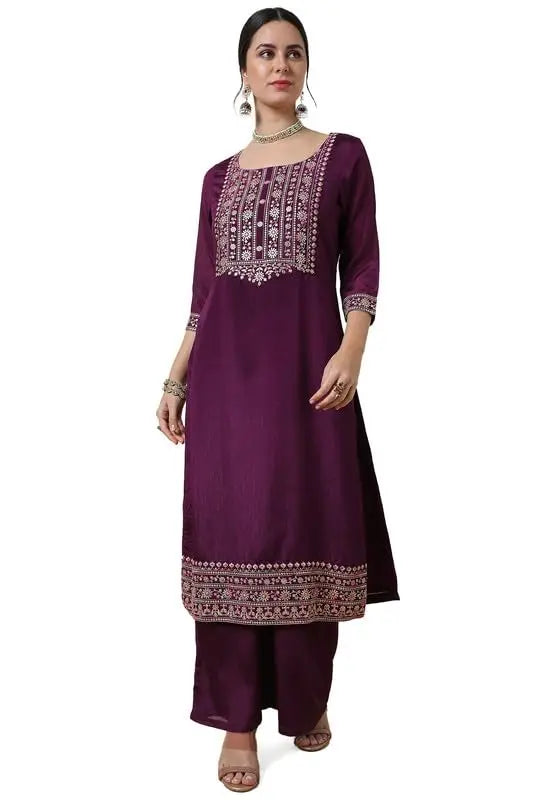 Soch Womens Wine Yoke Embroidered Chinon Blend Suit Set with Sequins SaumyasStore