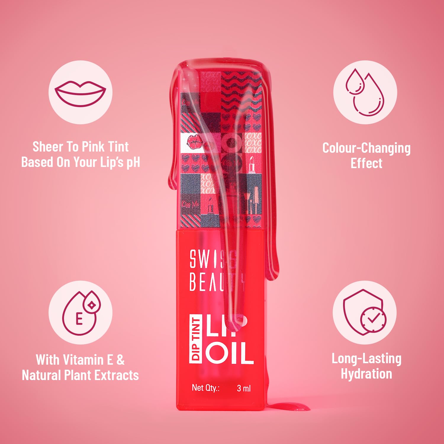 Swiss Beauty Dip Tint Colour Changing PH Lip Oil | With Vitamin E for Long-Lasting Nourishment and Hydration| Soft and Natural Pink Lips | Shade- Kiwi, 3ml SaumyasStore