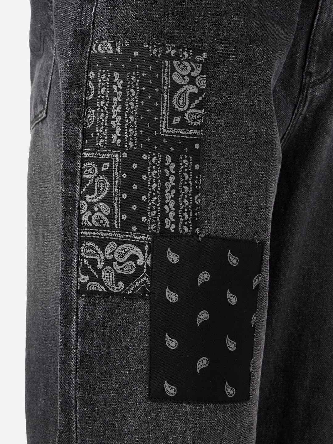 The Souled Store Denims: Bandana Patches Men and Boys Grey Straight Fit Cotton Jeans Casual Style Full-Length Comfortable Trousers SaumyasStore