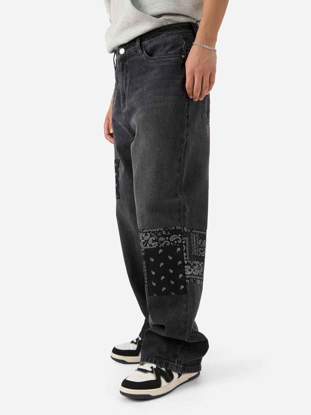 The Souled Store Denims: Bandana Patches Men and Boys Grey Straight Fit Cotton Jeans Casual Style Full-Length Comfortable Trousers SaumyasStore