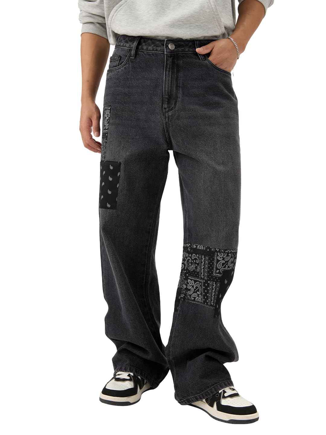 The Souled Store Denims: Bandana Patches Men and Boys Grey Straight Fit Cotton Jeans Casual Style Full-Length Comfortable Trousers SaumyasStore