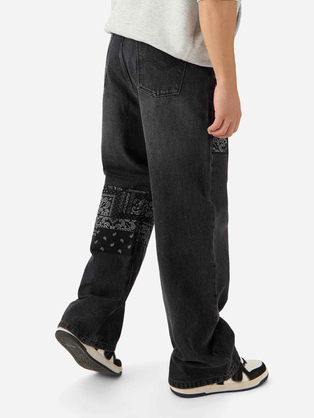 The Souled Store Denims: Bandana Patches Men and Boys Grey Straight Fit Cotton Jeans Casual Style Full-Length Comfortable Trousers SaumyasStore