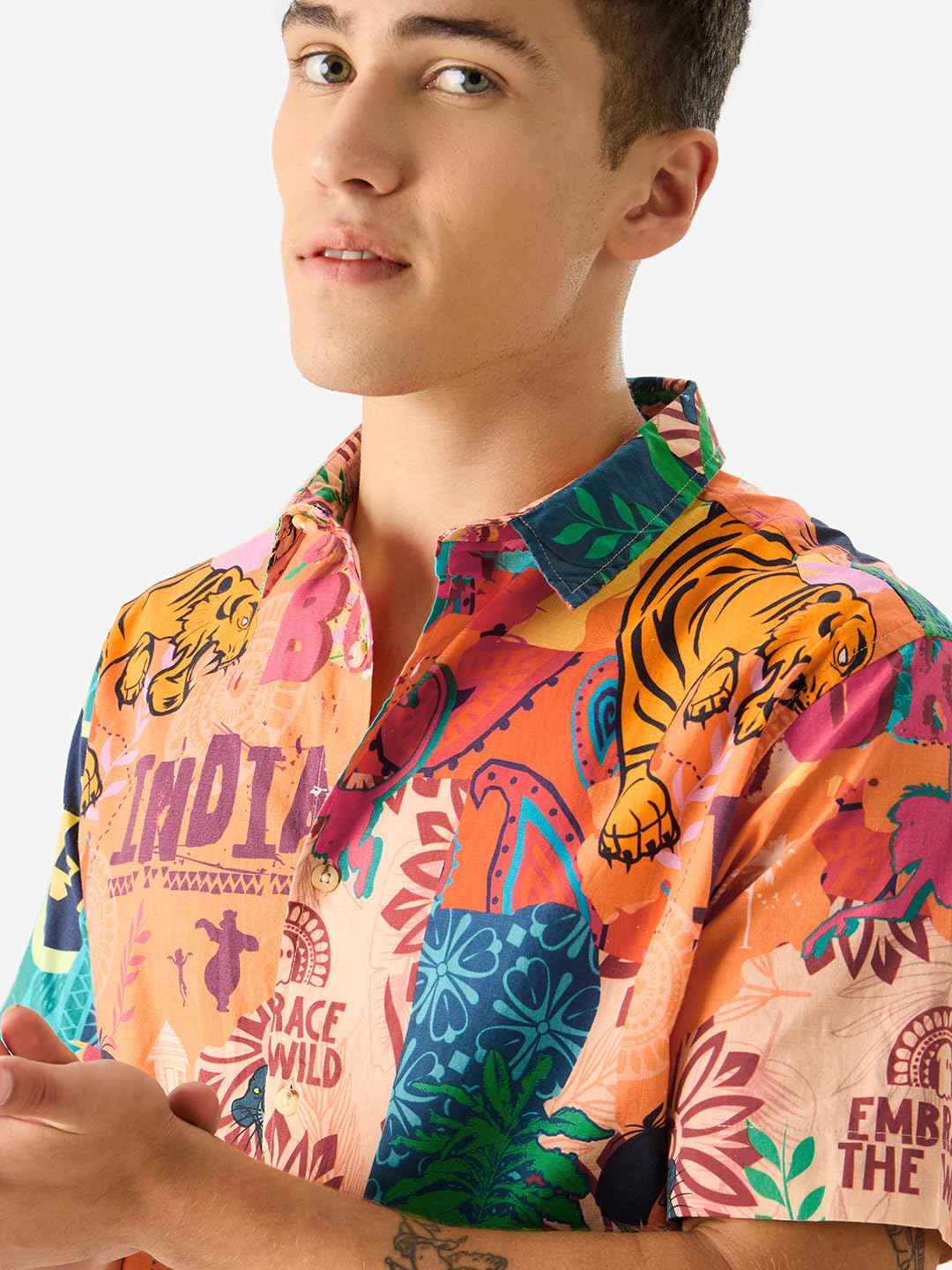 The Souled Store Official Jungle Book: Indie Print Short Sleeve Collared Button Down Regular Fit Cotton Summer Shirts for Men & Boys Multicolour SaumyasStore