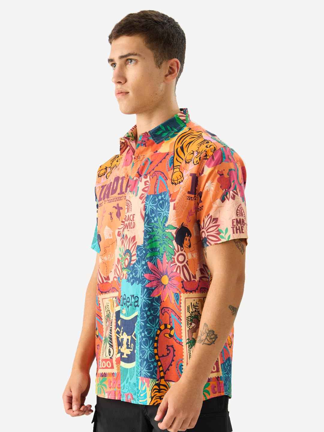The Souled Store Official Jungle Book: Indie Print Short Sleeve Collared Button Down Regular Fit Cotton Summer Shirts for Men & Boys Multicolour SaumyasStore