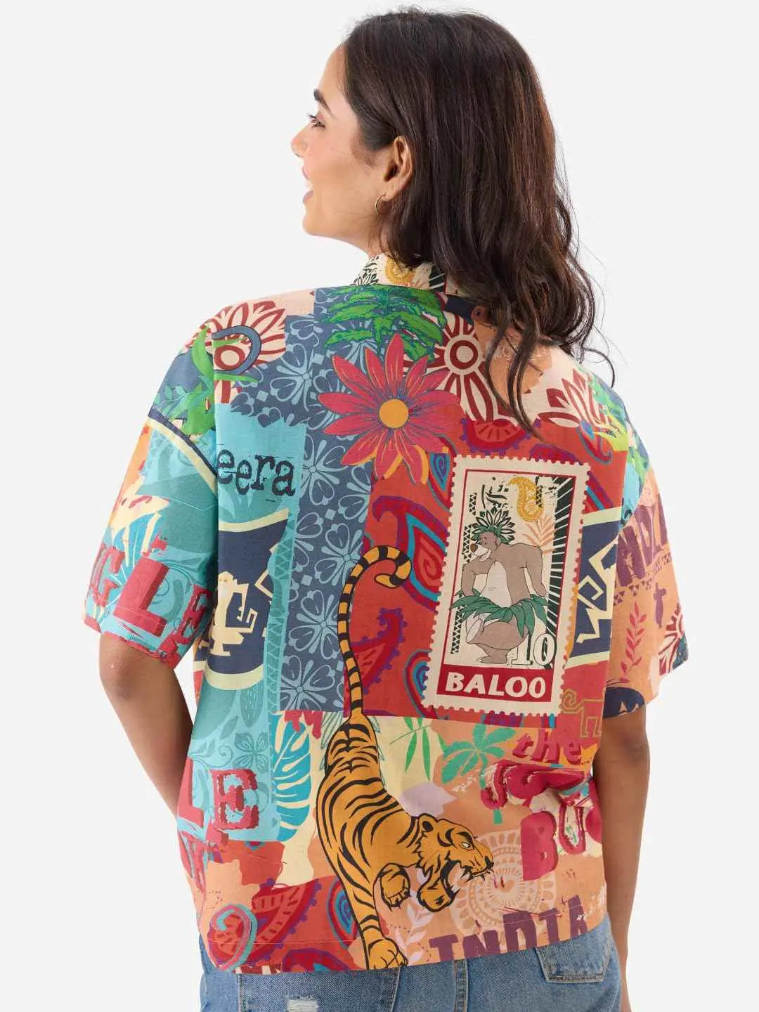 The Souled Store Official Jungle Book: Indie Vibe Women and Girls Short Sleeve Collared Neck Buttoned Front Oversized Fit Cotton Summer Shirts Multicolour SaumyasStore