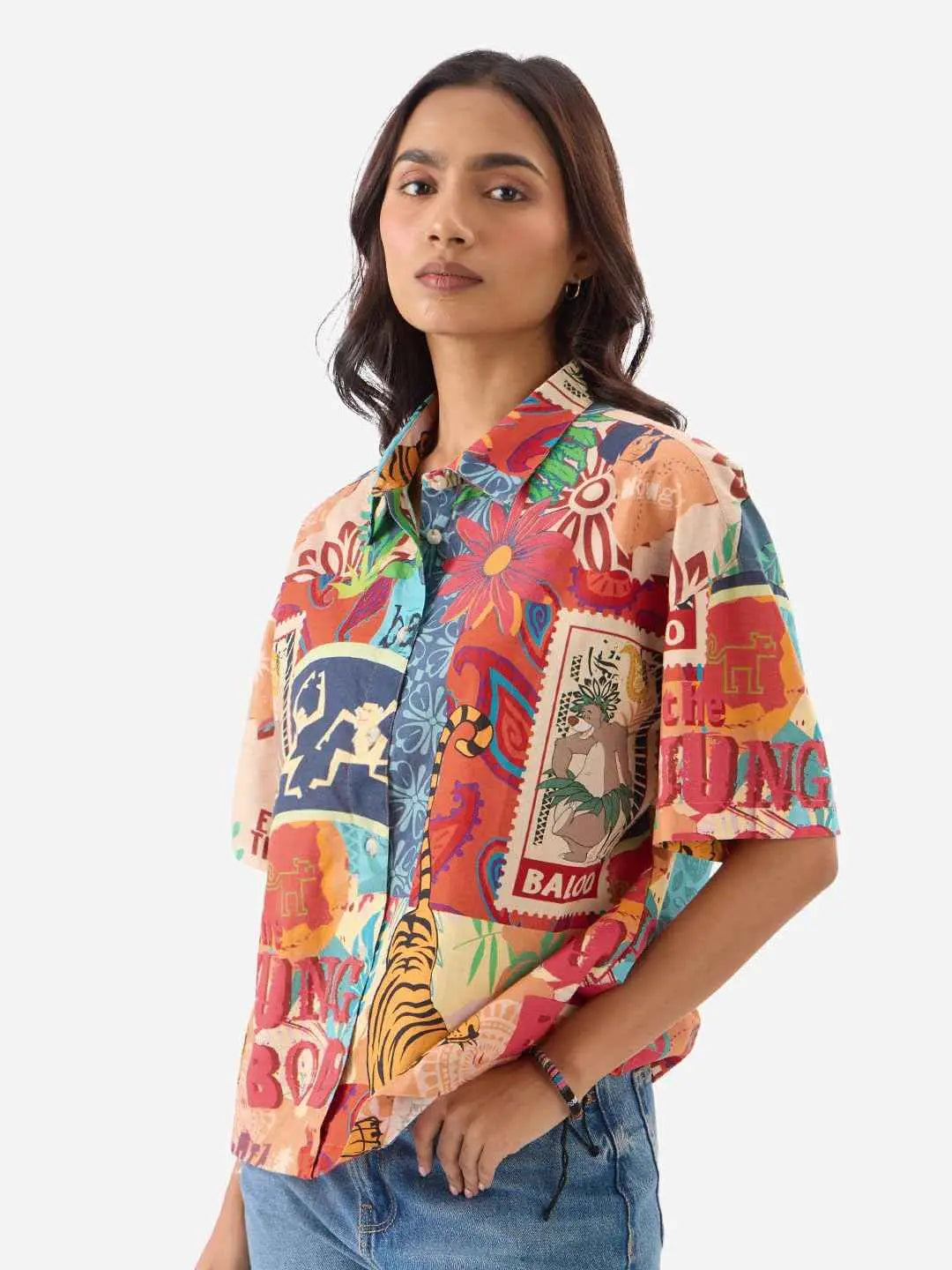 The Souled Store Official Jungle Book: Indie Vibe Women and Girls Short Sleeve Collared Neck Buttoned Front Oversized Fit Cotton Summer Shirts Multicolour SaumyasStore