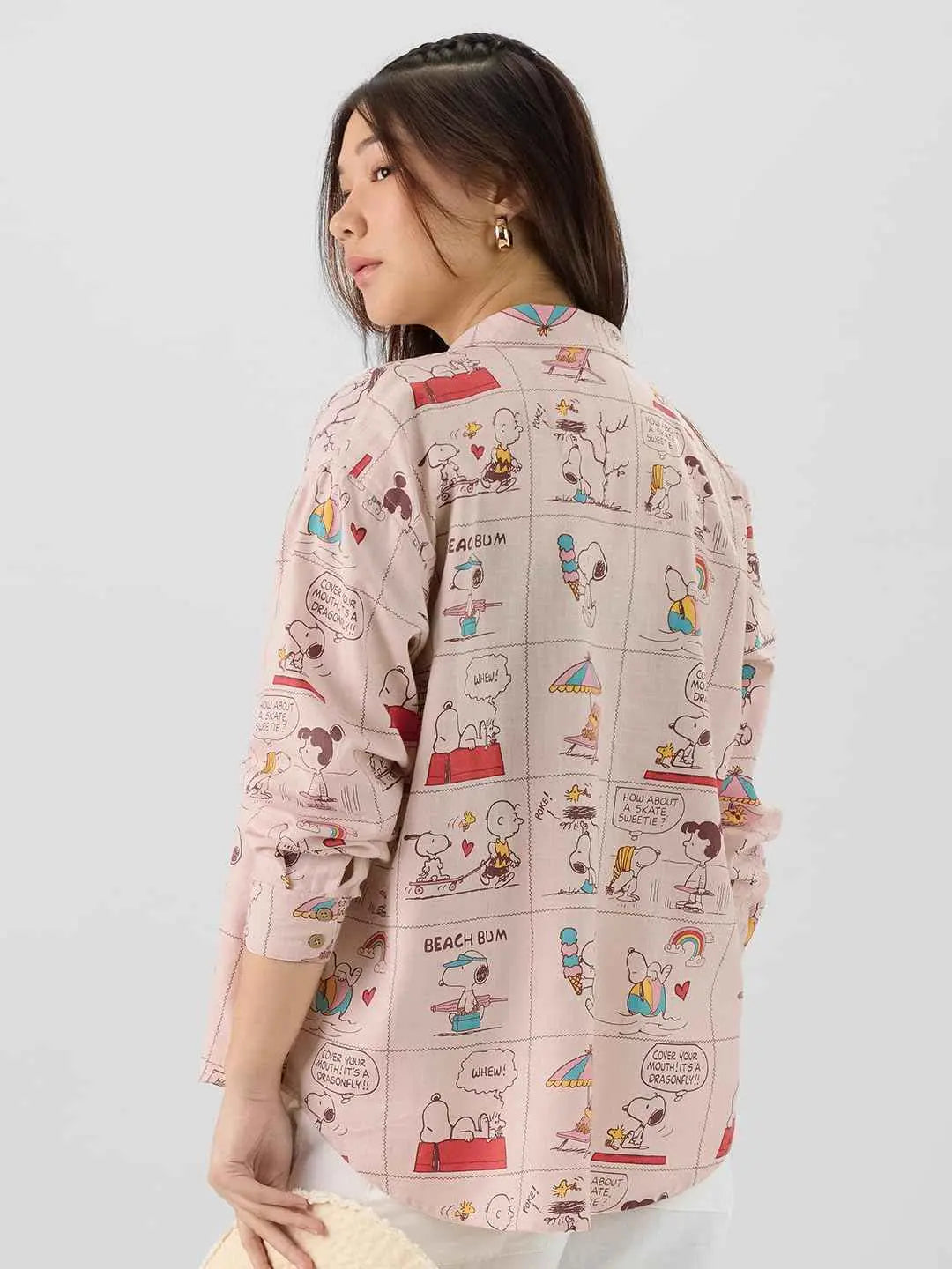 The Souled Store Official Peanuts: Beach Bum Women and Girls Long Sleeve Collared Neck Pink All Over Printed Cotton Boyfriend Shirts SaumyasStore
