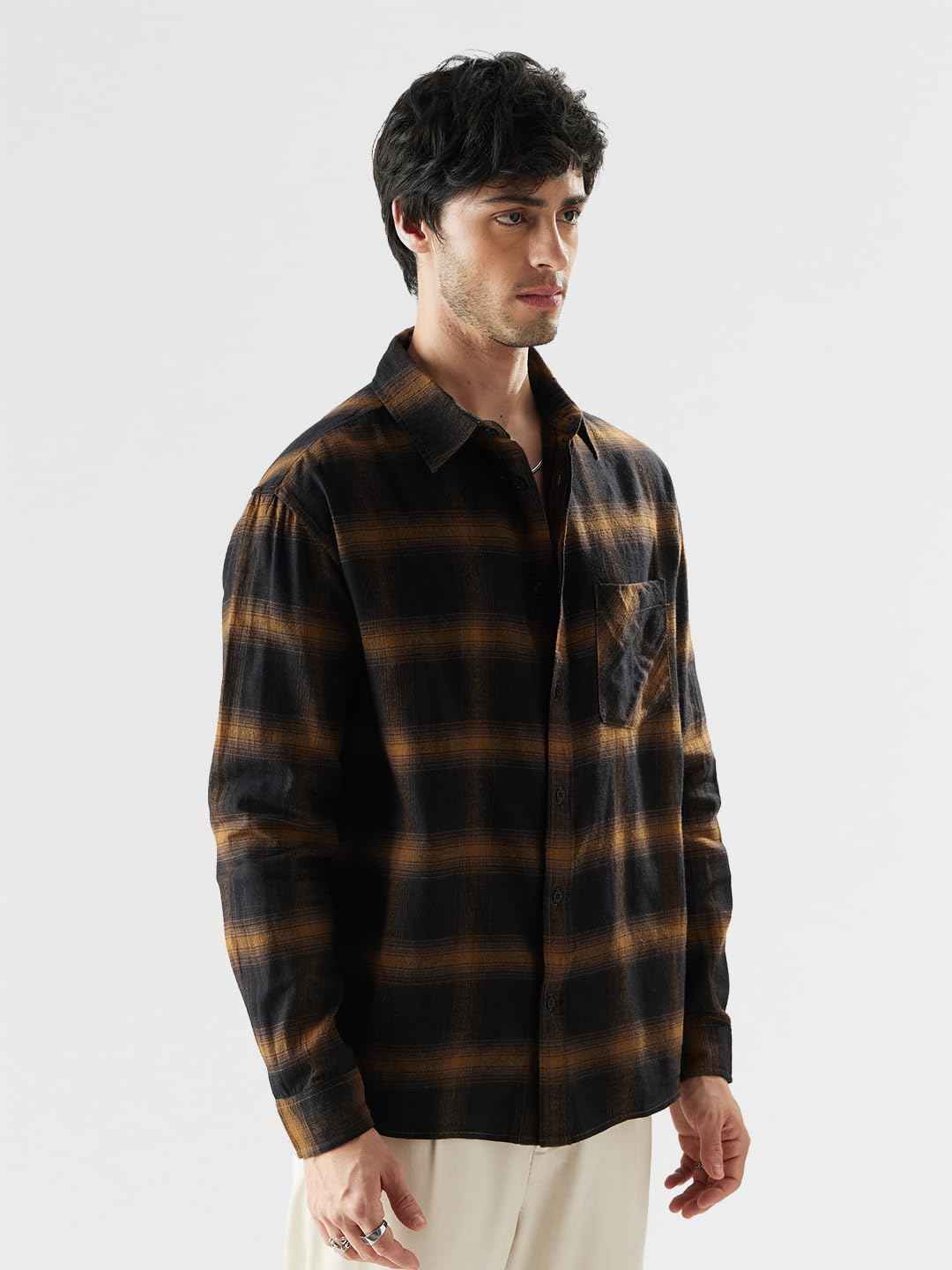 The Souled Store Plaid: Brown Mustard and Black Men Relaxed Shirts SaumyasStore