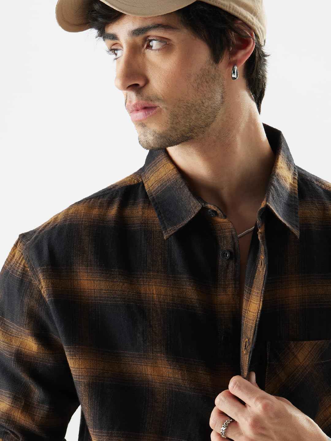 The Souled Store Plaid: Brown Mustard and Black Men Relaxed Shirts SaumyasStore