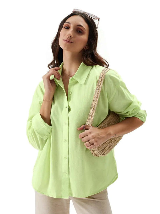 The Souled Store Solids: Lime Women and Girls Loose fit Full Sleeve Cotton and Linen Yellow Color Women Boyfriend Shirts SaumyasStore