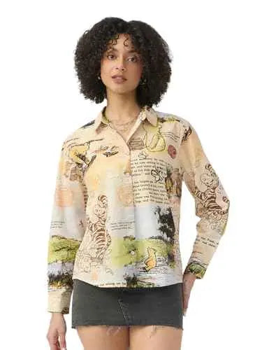 The Souled Store Winnie The Pooh: Wonderland Women and Girls Long Sleeves Collared Neck Button Front Beige Printed Regular Fit Cotton Shirts SaumyasStore
