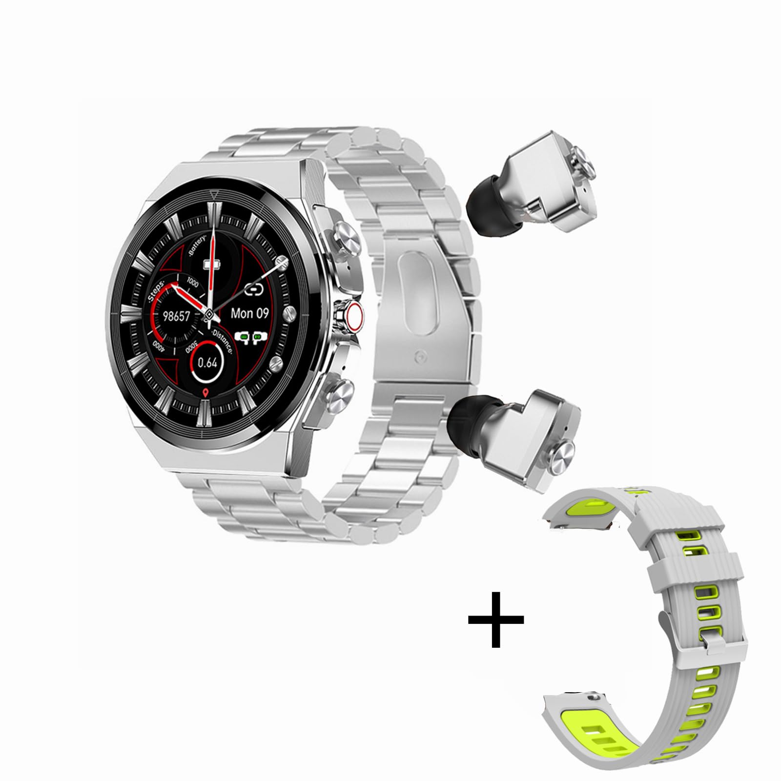 Tuanzi JM08 2 in 1 Smart Watch with Earbuds 1.28" Smartwatch TWS HiFi Stereo Wireless Headset Combo Bluetooth Phone Call for Android iOS (Silver Steel+Silicone) SaumyasStore