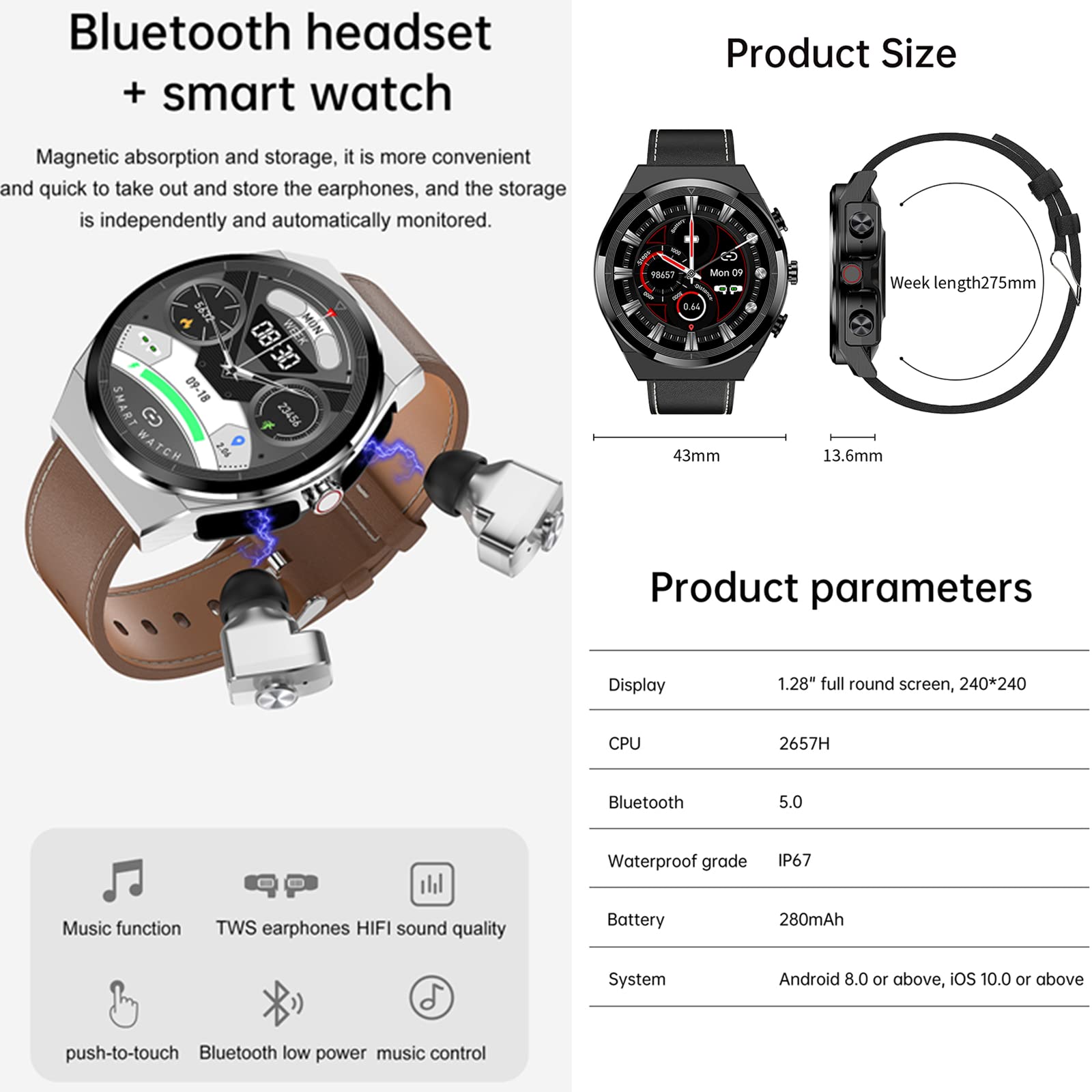 Tuanzi JM08 2 in 1 Smart Watch with Earbuds 1.28" Smartwatch TWS HiFi Stereo Wireless Headset Combo Bluetooth Phone Call for Android iOS (Silver Steel+Silicone) SaumyasStore