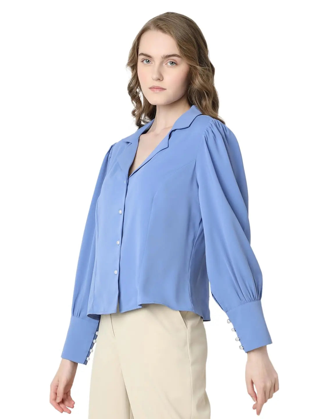 VERO MODA Women's Solid Regular Fit Shirt (10310590- Wedgewood SaumyasStore
