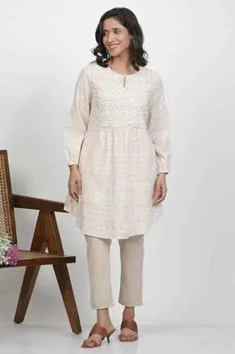 W for Woman Beige Checked Print Cotton Straight Tunic_24FEW30778-830333_XL SaumyasStore