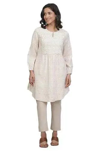 W for Woman Beige Checked Print Cotton Straight Tunic_24FEW30778-830333_XL SaumyasStore