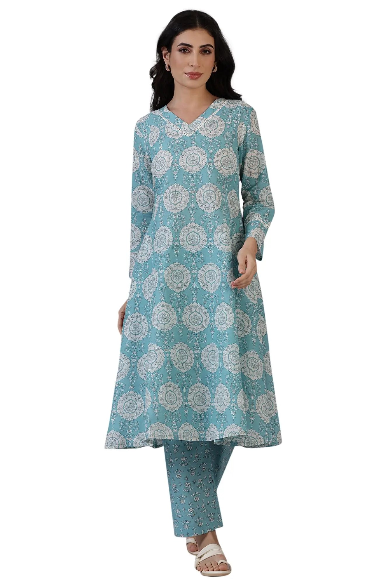 W for Woman Blue Floral Printed A-line Pure Cotton Kurta and Pants Co-ord Set (Size: L)-WS12335-123938 SaumyasStore