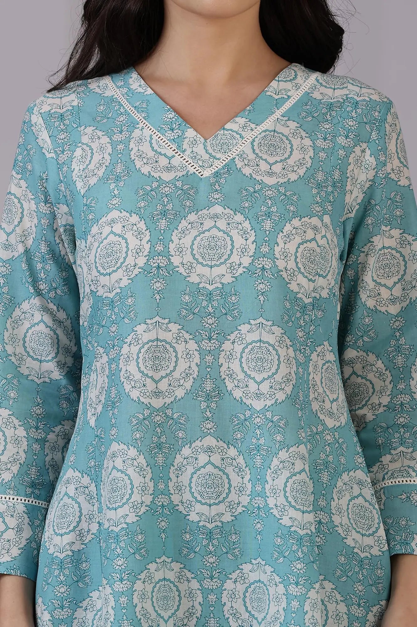 W for Woman Blue Floral Printed A-line Pure Cotton Kurta and Pants Co-ord Set (Size: L)-WS12335-123938 SaumyasStore