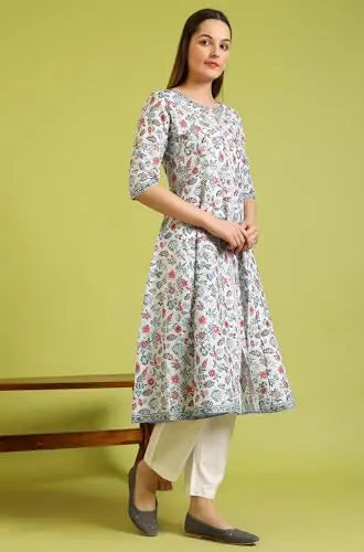 W for Woman Light Blue Floral Printed Pure Cotton Flared Kurta and Pants Set (Size:L)-WS10164 SaumyasStore