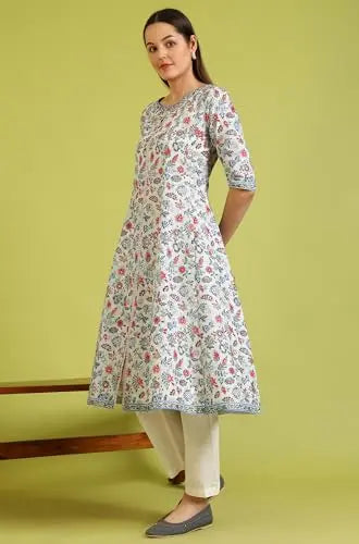 W for Woman Light Blue Floral Printed Pure Cotton Flared Kurta and Pants Set (Size:L)-WS10164 SaumyasStore