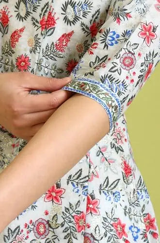 W for Woman Light Blue Floral Printed Pure Cotton Flared Kurta and Pants Set (Size:L)-WS10164 SaumyasStore