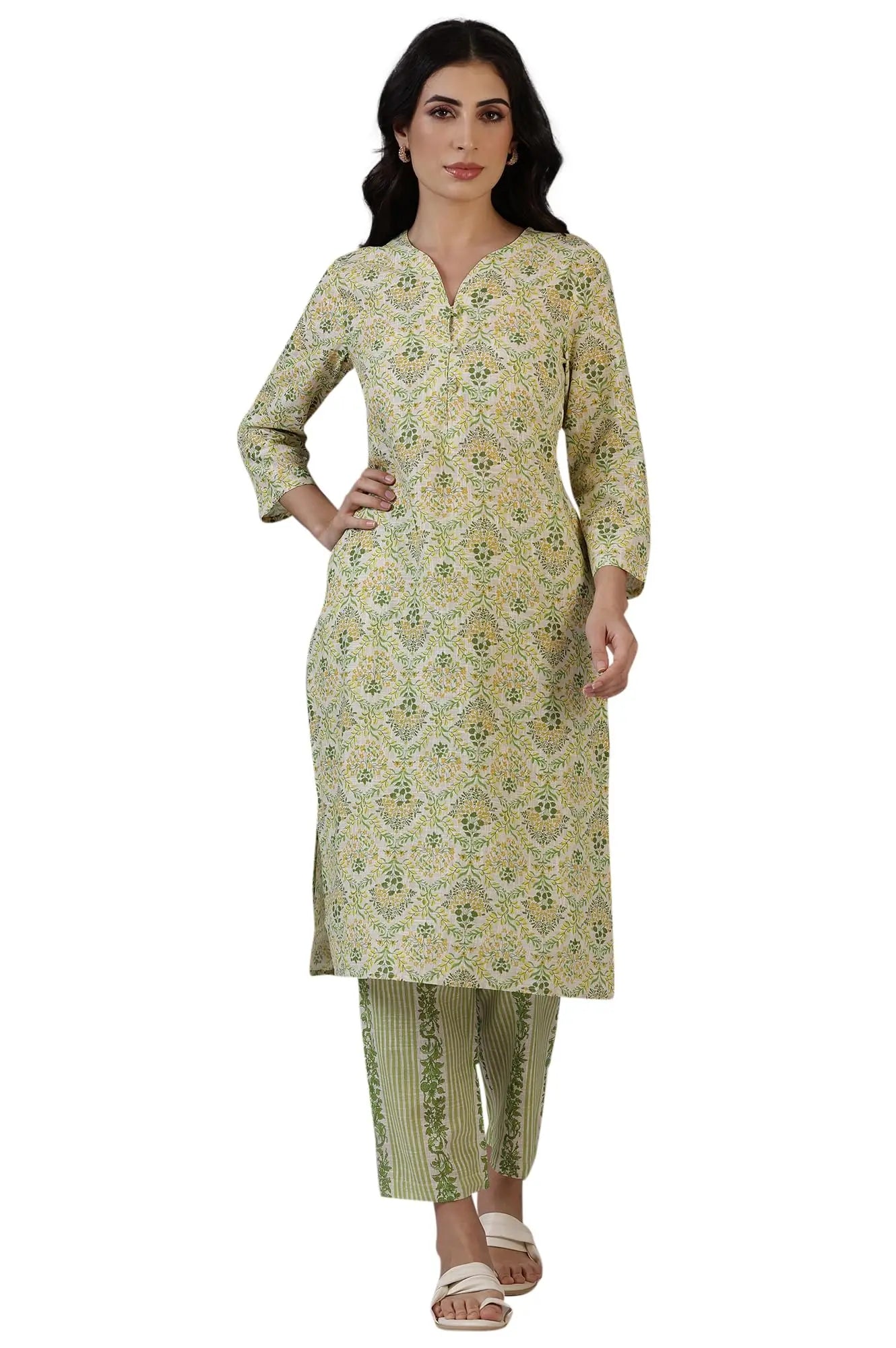W for Woman Off-White Floral Printed Pure Cotton A-line Kurta and Pants Co-ord Set (Size: L)-WS12336-125449 SaumyasStore