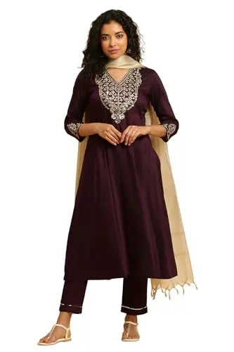 W for Woman Purple Panelled Embroidered Kurta, Slim Pants and Dupatta Set (Size: XL)-WS10451-221088 SaumyasStore
