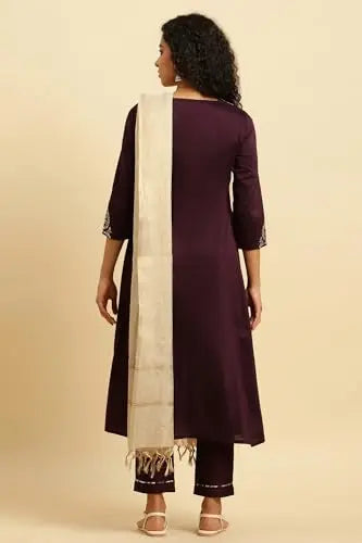 W for Woman Purple Panelled Embroidered Kurta, Slim Pants and Dupatta Set (Size: XL)-WS10451-221088 SaumyasStore