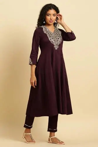W for Woman Purple Panelled Embroidered Kurta, Slim Pants and Dupatta Set (Size: XL)-WS10451-221088 SaumyasStore