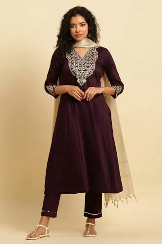 W for Woman Purple Panelled Embroidered Kurta, Slim Pants and Dupatta Set (Size: XL)-WS10451-221088 SaumyasStore